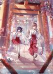  2girls architecture blue_hair blush braid breasts brown_eyes brown_hair cherry_blossoms east_asian_architecture full_body hair_between_eyes hair_ribbon hakama highres japanese_clothes large_breasts long_hair long_sleeves looking_at_viewer maeda_shiori miko multiple_girls multiple_torii nanami_yuuno outdoors red_eyes red_hakama red_ribbon ribbon side_braid smile sousouman thigh-highs tongue tongue_out torii twinbox_school very_long_hair white_thighhighs wide_sleeves 