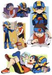  2boys ayla_kazemi bass_(mega_man) blue_bodysuit blue_footwear blue_headband blue_helmet bodysuit book boots broom brown_eyes brown_hair crossed_arms fingernails green_eyes headband helmet highres holding holding_book holding_broom holding_pencil lan_hikari_(mega_man) legs long_sleeves male_focus mega_man_(character) mega_man_(series) mega_man_battle_network_(series) megaman.exe multiple_boys orange_footwear orange_vest pencil plate shoes short_hair shorts simple_background smile spiky_hair surprised sweatdrop teeth upper_teeth_only vest white_background 