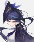  1girl absurdres ascot blue_hair capelet clorinde_(genshin_impact) from_side genshin_impact hat hat_feather highres long_hair looking_at_viewer profile purple_ascot purple_capelet puya_(pixiv_61322484) shirt solo tricorne upper_body very_long_hair violet_eyes white_shirt 