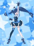 1girl 32zzz ahoge bare_arms black_dress black_gloves black_hair black_rock_shooter black_rock_shooter_(character) black_shorts black_thighhighs blue_eyes crossover dress gloves highres long_hair open_mouth pouch precure shorts single_thighhigh solo star_twinkle_precure thigh-highs twintails very_long_hair
