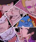  1girl 6+boys animal bartholomew_kuma black_hair blonde_hair blue_skin boa_hancock cigar coat colored_skin commentary_request crocodile_(one_piece) donquixote_doflamingo dracule_mihawk earrings facial_hair feichangkou fish_boy fur_coat glasses hat highres hime_cut jewelry jinbe_(one_piece) looking_at_viewer moriah multiple_boys mustache one_piece open_mouth pink-tinted_eyewear pink_coat salome_(one_piece) sharp_teeth smile smoke snake snake_earrings stitched_face stitches sunglasses teeth thick_eyebrows tinted_eyewear tusks yellow_eyes 