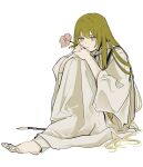  1other :/ androgynous arms_on_knees bored enkidu_(fate) fate/grand_order fate_(series) flower green_hair hair_between_eyes half-closed_eyes head_rest highres holding holding_flower jitome kingu_(fate) knee_up long_hair long_sleeves nonobe9781 robe simple_background sitting solo very_long_hair violet_eyes white_background white_robe 