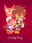  1boy book brown_hair cape character_name chibi clock flat_color glasses gloves highres holding holding_cape holding_clothes klug_(puyopuyo) male_focus nobuo_eaka2724 open_mouth orange_footwear pants purple-framed_eyewear purple_pants purple_vest puyopuyo puyopuyo_fever rayman_limbs red_background red_cape red_eyes red_theme round_eyewear shirt short_hair simple_background strange_klug vest white_gloves white_shirt yellow_trim 