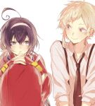  1boy 1girl ahoge artist_request asymmetrical_bangs black_hair black_necktie blue_eyes blush bungou_stray_dogs closed_mouth collared_shirt flower grey_hair hair_flower hair_ornament hairband highres izumi_kyouka_(bungou_stray_dogs) japanese_clothes kimono long_hair long_sleeves looking_at_another low_twintails multicolored_eyes nakajima_atsushi_(bungou_stray_dogs) necktie open_mouth red_kimono shirt short_hair simple_background sitting smile suspenders third-party_source twintails violet_eyes white_background white_hairband white_shirt yellow_eyes 