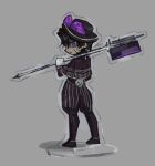  1boy acrylic_stand_(object) black_hat brown_capelet brown_hair brown_pants capelet chanil_(muexlku) closed_mouth full_body gold_trim grey_background hat heathcliff_(project_moon) highres holding holding_weapon limbus_company looking_at_viewer pants project_moon simple_background solo violet_eyes weapon 