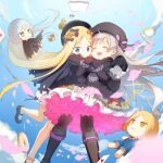  2girls abigail_williams_(fate) bare_legs beret black_bow black_capelet black_cloak black_dress black_footwear black_hat black_ribbon blonde_hair bloomers blue_eyes blue_overalls blue_sky book boots bow capelet card character_doll cloak closed_eyes clouds cup doll_joints doughnut dress facing_up falling falling_petals fate/grand_order fate_(series) food food_print frilled_dress frilled_sleeves frills fur-trimmed_capelet fur_trim green_eyes grey_hair hair_bow hands_on_another&#039;s_arm hat hat_ribbon hug jack_the_ripper_(fate/apocrypha) joints knee_boots long_hair looking_down mary_janes multiple_girls multiple_hair_bows mushroom_print nursery_rhyme_(fate) open_book open_mouth orange_bow outdoors overalls parted_bangs paul_bunyan_(fate) petals print_dress ribbon saucer shoes short_hair sky sleeves_past_fingers sleeves_past_wrists smile spoon striped_ribbon teacup teapot torn_cloak torn_clothes very_long_hair white_bloomers xuehua 