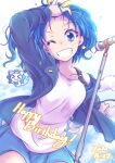 1girl black_jacket blue_eyes blue_hair blue_skirt blue_sky casual clouds cloudy_sky cowboy_shot crown_earrings dated day english_text grin hair_ribbon hand_in_own_hair happy_birthday highres jacket kirakira_precure_a_la_mode lion looking_at_viewer medium_hair microphone_stand miniskirt muusu off_shoulder one_eye_closed outdoors precure ribbon skirt sky smile solo standing tank_top tategami_aoi white_tank_top yellow_ribbon 