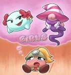  3girls artist_name blonde_hair blush boo_(mario) bow bow_(paper_mario) buttercolors drooling english_commentary english_text fangs ghost_tail gloves goomba goombella hat heart heart_in_eye helmet highres imagining mining_helmet multiple_girls necktie open_mouth paper_mario paper_mario:_the_thousand_year_door peeka_(mario) ponytail searchlight simple_background smile super_mario_bros. symbol_in_eye vivian_(paper_mario) witch_hat yuri 