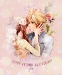 1boy 1girl absurdres aerith_gainsborough anniversary aqua_eyes arms_around_back artist_name blonde_hair bow bowtie braid braided_ponytail bridal_veil bride brown_hair closed_mouth cloud_strife collared_shirt couple dress final_fantasy final_fantasy_vii floral_background flower green_eyes grey_jacket groom hair_between_eyes hair_flower hair_ornament hand_in_another&#039;s_hair hetero highres husband_and_wife jacket long_sleeves official_alternate_costume parted_bangs pink_lips pocket_square shirt short_hair sidelocks single_braid smile spiky_hair suit_jacket tuxedo upper_body veil wavy_hair wedding wedding_dress white_dress white_shirt yco_030601 