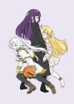  3girls :d ball barefoot basketball basketball_(object) black_coat black_pantyhose blonde_hair blunt_bangs boots breasts brown_footwear cape coat dress elf feet fern_(sousou_no_frieren) frieren full_body gold_trim green_eyes highres large_breasts long_hair long_sleeves looking_at_another motion_blur multiple_girls open_clothes open_coat pantyhose pointy_ears purple_hair robe serie_(sousou_no_frieren) shirt simple_background smile sousou_no_frieren striped_clothes striped_shirt toes truffleduster twintails violet_eyes white_background white_cape white_dress white_hair white_robe 