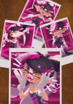  +_+ black_hair black_jumpsuit bow-shaped_hair callie_(splatoon) food food_on_head gloves highres inkling jumpsuit midopi_chi mole mole_under_eye object_on_head open_mouth pantyhose photo_(object) pink_pantyhose pointy_ears sharp_teeth short_jumpsuit splatoon_(series) splatoon_1 sushi teeth tentacle_hair white_gloves 