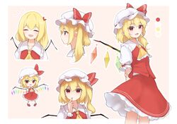  1girl :d ascot blonde_hair bloomers border breasts closed_eyes closed_mouth commentary_request crystal_wings flandre_scarlet frilled_ascot frilled_shirt_collar frills hat hat_ribbon head_tilt highres looking_at_viewer medium_hair mob_cap multiple_views ocooco open_mouth pink_background puffy_short_sleeves puffy_sleeves red_eyes red_ribbon red_skirt red_vest ribbon shirt short_sleeves side_ponytail skirt skirt_set small_breasts smile touhou vest white_border white_hat white_shirt yellow_ascot 