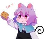  1girl animal_ears arm_up blue_capelet bright_pupils capelet cheese chibi english_commentary english_text food grey_hair highres holding holding_food jewelry long_sleeves mouse_ears nazrin necklace nets_(netsabyss) outstretched_arm parted_lips pendant red_eyes shirt short_hair simple_background solo tail touhou upper_body white_background white_pupils white_shirt 