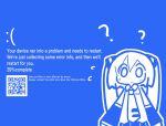  1girl 2024_crowdstrike_incident ? blue_background blue_screen_of_death blue_theme character_name chibi chibi_only closed_mouth collared_shirt commentary confused detached_sleeves english_commentary english_text flying_sweatdrops frown hair_between_eyes hatsune_miku highres long_hair microsoft_windows monochrome mushino_shirase necktie qr_code shirt simple_background sleeveless sleeveless_shirt solo twintails upper_body vocaloid windows_10 
