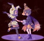  1boy 1girl acerola_(fall_2020)_(pokemon) acerola_(pokemon) allister_(fall_2022)_(pokemon) allister_(pokemon) appleko bat_wings brown_hat cape full_body gloves hat highres holding_hands looking_at_another mask pokemon pokemon_masters_ex purple_hair signature standing wings zubat 