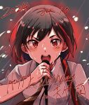  1girl bang_dream! black_hair blush brown_necktie character_name commentary_request dated happy_birthday highres looking_at_viewer mitake_ran multicolored_hair necktie open_mouth rain red_eyes redhead satoshi_(peso727) shirt short_hair solo streaked_hair translated wet white_shirt 