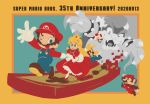  1girl 4boys alternate_color anniversary blank_eyes blonde_hair blue_eyes blue_overalls border brown_footwear claws copyright_name crown dated earrings facial_hair famicom game_console gloves holding_hands jewelry luigi mario multiple_boys mustache one_eye_closed open_mouth overalls pixels princess_peach puffy_short_sleeves puffy_sleeves running short_sleeves super_mario_bros. super_mario_bros._1 toad_(mario) ukata white_gloves yellow_border 