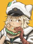  1girl animal_hat bandaged_arm bandages blonde_hair burger candle cat_hat colored_eyelashes dom1 eating fingerless_gloves food gloves guilty_gear guilty_gear_xrd hat highres holding holding_food jerma985 jerma985_eating_a_whopper_(meme) looking_to_the_side meme ramlethal_valentine single_glove solo yellow_background yellow_eyes 