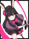  1girl absurdres animal_ears black_hair blunt_bangs blush bow bowtie capelet closed_mouth commentary_request dress foot_out_of_frame foot_wraps hair_bow hair_intakes heavyblade_rabbit highres hime_cut holding holding_sword holding_weapon long_hair looking_at_viewer onbashria pink_bow pink_bowtie purple_capelet rabbit_and_steel rabbit_ears rabbit_girl ribbon-trimmed_dress simple_background smile solo sword weapon white_background 
