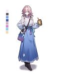  1girl adapted_costume bag belt black_footwear blue_eyes bubble_tea camera casual closed_mouth color_guide drink earrings english_commentary high_belt high_heels highres holding holding_drink honkai:_star_rail honkai_(series) jewelry long_skirt long_sleeves march_7th_(honkai:_star_rail) medium_hair pink_hair shiroi_ou shoulder_bag single_earring skirt smile solo 