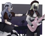  2girls ascot bang_dream! bang_dream!_it&#039;s_mygo!!!!! black_ascot black_capelet black_mask black_ribbon black_skirt blue_brooch blue_hair border capelet closed_mouth commentary dated domino_mask electric_guitar gradient_background green_hair grey_background guitar hair_ribbon hashtag-only_commentary hat highres instrument keyboard_(instrument) long_hair mask mouth_mask multiple_girls puffy_short_sleeves puffy_sleeves purple_background red_hat red_shirt ribbon shirt short_sleeves signature skirt togawa_sakiko tok8505_(erica) wakaba_mutsumi white_ascot white_border white_shirt yellow_eyes 