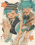  &gt;_&lt; 1girl :d =_= animal animal_ears bad_id bad_twitter_id beanie black_hat blue_bow blue_bowtie blue_necktie blue_skirt blush_stickers bow bowtie brown_sweater_vest cat cat_ears cellphone closed_eyes collared_shirt cropped_torso fang flip_phone guitar hair_ornament hairclip hat highres holding holding_animal holding_cat holding_guitar holding_instrument inactive_account instrument leg_warmers multiple_views necktie open_mouth original phone playing_guitar pleated_skirt pointy_ears school_uniform shirt skirt smile standing star_(symbol) striped_clothes striped_headwear sweater_vest twintails two_side_up umipi white_shirt xd 
