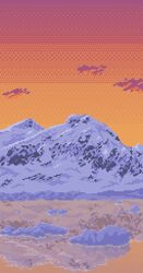  absurdres clouds cloudy_sky dusk highres ice lake mountain mountainous_horizon no_humans orange_sky original pixel_art reflection reflective_water scenery sky snow tomoruka_mr water 