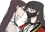  2girls a_jak bang_dream! bang_dream!_it&#039;s_mygo!!!!! black_hair black_mask blue_eyes brown_hair chain_necklace closed_mouth commentary_request ear_piercing earclip earrings eye_contact jacket jewelry korean_commentary long_hair looking_at_another mask mouth_mask multiple_girls necklace piercing red_jacket shiina_taki shirt simple_background upper_body violet_eyes white_background white_shirt yahata_umiri yuri 