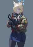  1girl absurdres animal_ear_fluff animal_ears black_gloves black_pantyhose blonde_hair blue_archive blue_eyes blue_shirt blue_skirt camouflage camouflage_jacket closed_mouth collared_shirt cowboy_shot extra_ears gloves grey_background gun hair_over_one_eye highres holding holding_gun holding_weapon jacket kanna_(blue_archive) long_hair long_sleeves looking_at_viewer pantyhose shirt simple_background skirt soldat_(dndosld73832) solo weapon 