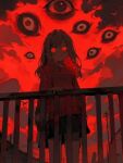  1girl artist_request bird black_skirt bridge brown_hair clouds cloudy_sky extra_eyes glowing glowing_eyes handrail house long_sleeves looking_at_viewer medium_hair original red_eyes red_sky red_sweater skirt sky smile standing sweater 