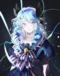  1girl black_background black_bow black_dress bow dress drill_hair gradient_background green_eyes green_hair gwen_(league_of_legends) hair_bow hair_ornament herbipoles highres league_of_legends long_hair looking_at_viewer puffy_short_sleeves puffy_sleeves short_sleeves solo teeth twin_drills twintails upper_body x_hair_ornament 