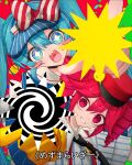  2girls black_necktie blue_eyes blue_hair blush_stickers bow collared_shirt commentary drill_hair h44ne1 hair_bow hatsune_miku highres kasane_teto long_hair looking_at_viewer mesmerizer_(vocaloid) multiple_girls necktie open_mouth pink_eyes pink_hair pointing pointing_at_viewer sharp_teeth shirt smile striped_bow striped_clothes striped_shirt teeth tridecagram twin_drills twintails upper_body utau very_long_hair visor_cap vocaloid 