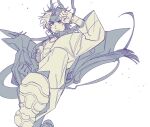  1boy arknights chong_yue_(arknights) closed_mouth coat dragon_boy dragon_horns dragon_tail floating_hair flying_kick foot_out_of_frame hands_up horns kicking long_hair long_sleeves looking_at_viewer low_ponytail male_focus nills simple_background solo tail white_background wide_sleeves 