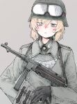  1girl absurdres black_gloves commission expressionless gloves green_jacket grey_background gun highres jacket looking_at_viewer military_uniform mp40 original shichisaburo skeb_commission solo submachine_gun uniform weapon wehrmacht world_war_ii 