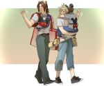  3boys age_difference alternate_costume animal_ear_headband animal_ears arms_around_neck backpack bag belt black_belt black_footwear blonde_hair blue_eyes blue_pants brown_hair carrying carrying_person chain chain_necklace child cloud_strife commentary_request contemporary cosplay fake_animal_ears final_fantasy final_fantasy_vii final_fantasy_viii full_body gradient_background green_footwear green_pants hand_up happy height_difference hug jewelry kingdom_hearts kingdom_hearts_i lion_ears looking_to_the_side male_focus medium_hair mickey_mouse mickey_mouse_ears multiple_boys necklace open_mouth pants parted_bangs pendant puffy_pants red_bag ryouto scar scar_on_face shirt shoes short_hair shoulder_bag simba simba_(cosplay) sleeping sneakers sora_(kingdom_hearts) spiky_hair squall_leonhart t-shirt the_lion_king walking waving white_shirt yellow_footwear 