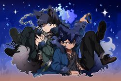  2boys animal_collar animal_ear_fluff animal_ears arm_up artist_name black_collar black_eyes black_footwear black_hair black_nails black_pants blue_background blue_coat chain chain_leash closed_mouth coat collar deviidog0 fingernails full_body fur-trimmed_coat fur-trimmed_hood fur-trimmed_sleeves fur_trim highres hood hood_down hooded_coat leash long_fingernails long_sleeves looking_at_viewer male_focus midriff_peek multiple_boys original pants shoes short_hair sitting solo star_(sky) star_(symbol) tail torn_clothes twitter_username wolf_boy wolf_ears wolf_tail 