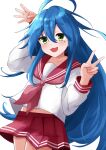  1girl :3 absurdres ahoge blue_hair collarbone commentary_request dot_mouth floating_hair green_eyes hair_between_eyes hands_up highres izumi_konata light_blush long_hair long_sleeves lucky_star midriff_peek mole mole_under_eye navel neckerchief nyagonya21 open_mouth pleated_skirt red_neckerchief red_sailor_collar red_skirt ryouou_school_uniform sailor_collar school_uniform serafuku simple_background skirt smile solo v very_long_hair white_background 