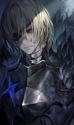  1boy armor bags_under_eyes black_armor black_fur blonde_hair blood blood_on_face blue_eyes breastplate closed_mouth commentary dimitri_alexandre_blaiddyd dried_blood eyepatch fire_emblem fire_emblem:_three_houses fur_trim glaring hair_behind_ear hair_between_eyes highres looking_at_viewer male_focus one_eye_covered senano-yu solo upper_body 