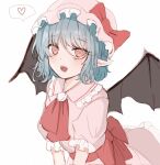  1girl :d bat_wings blue_hair blush bow bowtie dress hat heart highres looking_at_viewer mob_cap one-hour_drawing_challenge open_mouth pink_dress pink_eyes pointy_ears remilia_scarlet sharp_teeth smile solo speech_bubble sssoomm112 teeth touhou vampire wings 