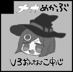  1girl az1199 black_border blunt_ends blush_stickers bob_cut border circle_cut commentary_request danganronpa_(series) danganronpa_v3:_killing_harmony gem_hair_ornament grey_background greyscale hat hat_belt head_only looking_at_viewer monochrome open_mouth short_hair simple_background smile solo translation_request v-shaped_eyebrows witch_hat yumeno_himiko 