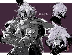  1boy armor blue_eyes crossed_arms final_fantasy final_fantasy_xiv looking_at_viewer male_focus multiple_views purple_background sidurgu_orl signature solo upper_body white_hair yabuka_shiwa 