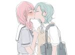  2girls bag bang_dream! blush brown_sweater_vest closed_eyes collared_shirt commentary_request fresa_pie green_hair grey_necktie grey_shirt hanasakigawa_school_uniform haneoka_school_uniform hikawa_hina kiss long_hair maruyama_aya medium_hair multiple_girls necktie pink_hair sailor_collar school_bag school_uniform serafuku shirt short_sleeves shoulder_bag simple_background sweater_vest upper_body white_background white_sailor_collar white_shirt yuri 