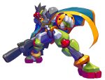  1boy absurdres android archived_source armor black_hair blue_eyes cape craft_(mega_man) full_body green_armor green_cape gun highres holding holding_gun holding_weapon male_focus mega_man_(series) mega_man_zero_(series) mega_man_zero_4 nakayama_tooru rifle shoulder_armor simple_background solo weapon white_background 