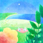  bento blue_sky canvas_texture cat field flower grass highres light_particles lighthouse no_humans no_mouth ocean orange_flower original outdoors oyuge_design picnic scenery simple_bird sitting sky sun thermos 