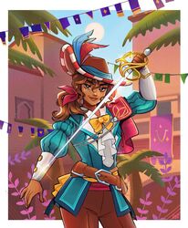  1girl adalia_de_volador belt border bow bowtie brown_hair commentary dark-skinned_female dark_skin en_garde! english_commentary hat highres holding holding_weapon jacket kodona lolita_fashion long_hair looking_at_viewer pants pianta_celi ponytail rapier shirt smile solo sword weapon white_border 