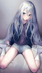  1girl absurdres bed_sheet blue_eyes blue_jacket collarbone commentary grey_hair grey_shorts hair_between_eyes hand_in_own_hair harii_(janib5kc) highres jacket long_hair looking_at_viewer parted_lips project_sekai purple_shirt shirt shorts sitting socks solo very_long_hair wariza white_socks yoisaki_kanade 