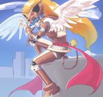  1boy animal_ears blonde_hair blurry blurry_background brown_arm_warmers digimon digimon_(creature) duftmon feathered_wings green_eyes highres leopard_ears long_hair male_focus notaventura sitting solo wings 