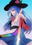  1girl blue_hair blue_sky bow bowler_hat bowtie hat highres hinanawi_tenshi leaf_hat_ornament lens_flare light_rays open_mouth peach_hat_ornament planted planted_sword red_bow red_bowtie red_eyes shirt sky solo sword sword_of_hisou touhou weapon white_shirt yoruuta 