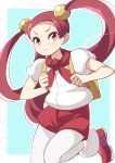  34_(sanjushi) backpack bag bow hair_ornament hairclip highres mira_(pokemon) pantyhose pink_eyes pink_hair red_footwear red_shorts shorts twintails 