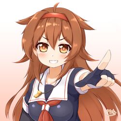  1girl artist_logo black_serafuku black_shirt breasts brown_eyes brown_hair gloves gradient_background grin hair_flaps hairband highres kantai_collection long_hair medium_breasts neckerchief one-hour_drawing_challenge orange_hairband partially_fingerless_gloves pointing red_neckerchief sailor_collar sailor_shirt school_uniform serafuku shiratsuyu_(kancolle) shiratsuyu_kai_ni_(kancolle) shirt smile solo upper_body v-shaped_eyebrows whistle whistle_around_neck white_sailor_collar zanne 